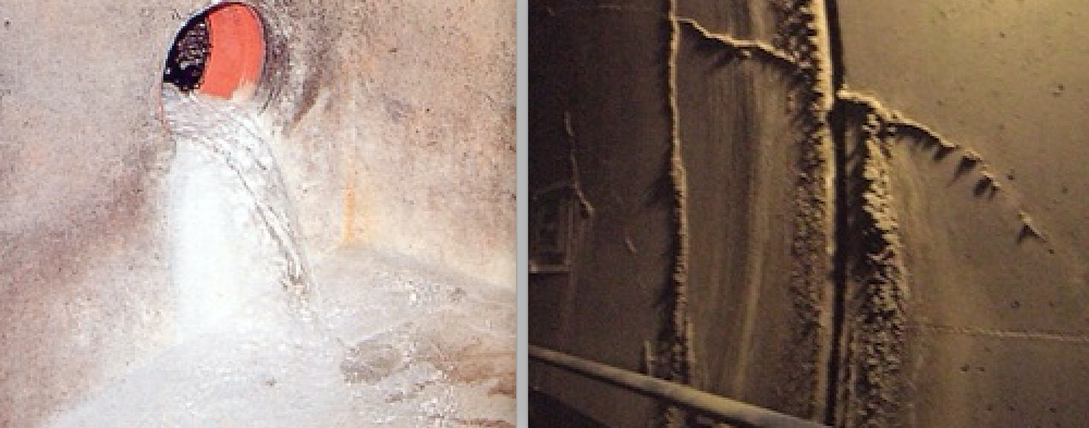 図5.3.3：流出する排水とコンクリートライニングトンネルに沈澱している水酸化カルシウム(左)        　　　　     図5.3.4：施工継目における同様の影響(右)  